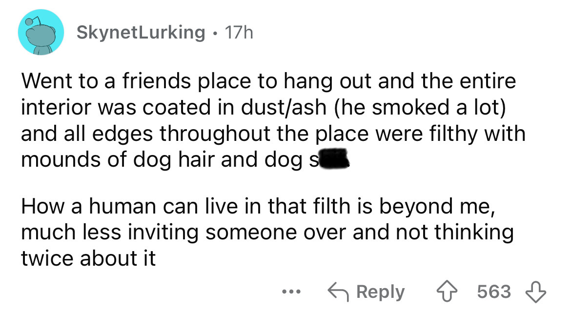 screenshot - SkynetLurking 17h Went to a friends place to hang out and the entire interior was coated in dustash he smoked a lot and all edges throughout the place were filthy with mounds of dog hair and dog s How a human can live in that filth is beyond 