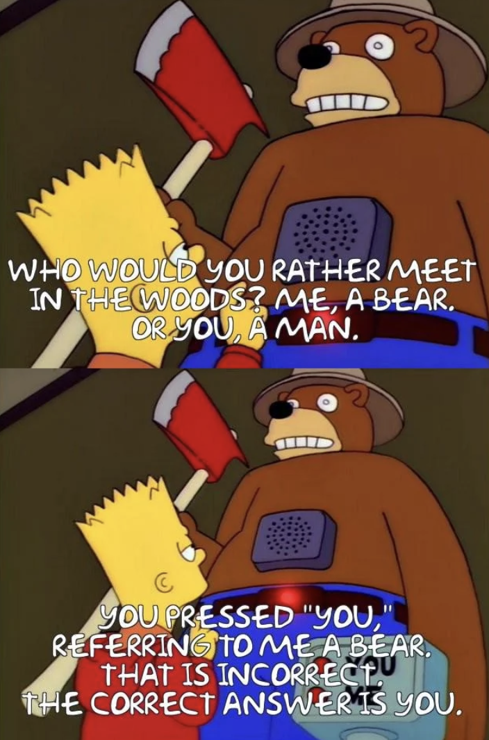 cartoon - Who Would You Rather Meet In The Woods? Me, A Bear. Or You A Man. You Pressed "You," Referring To Me A Bear. That Is Incorrectu The Correct Answer Is You.
