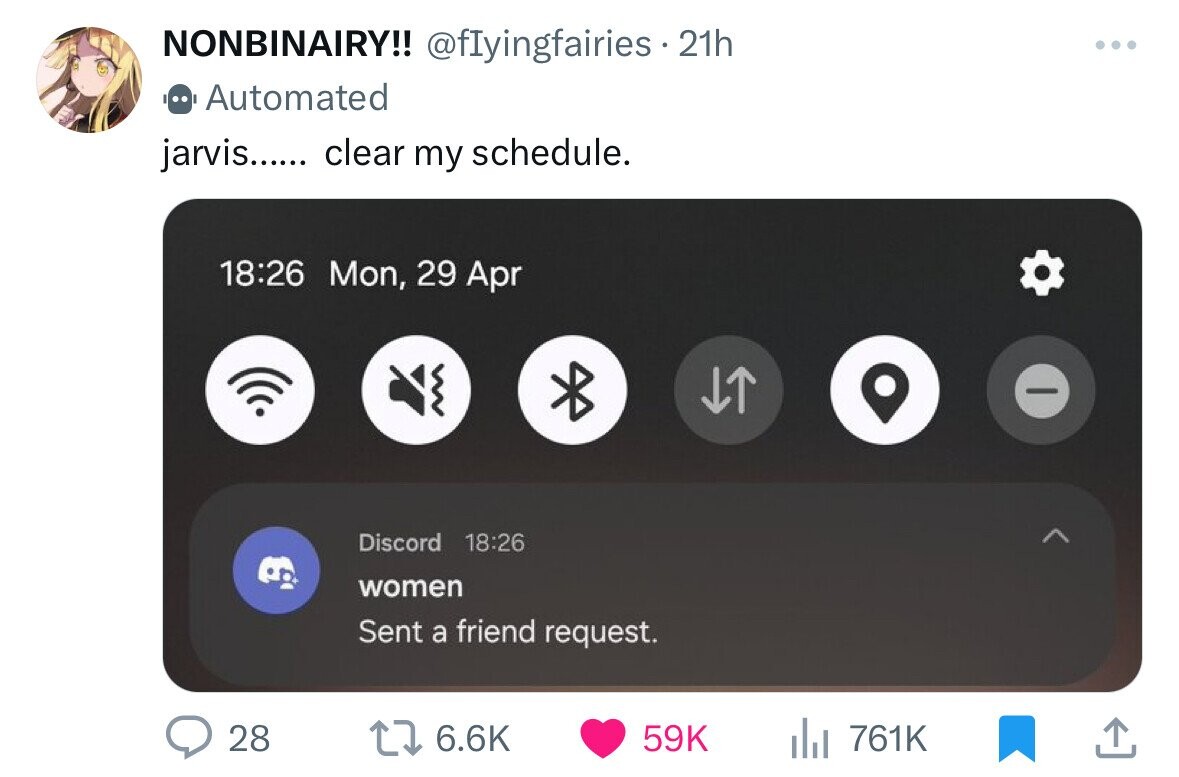 Mobile phone - Nonbinairy!! 21h Automated jarvis...... clear my schedule. Mon, 29 Apr Discord women Sent a friend request. 28 ... 59K ili