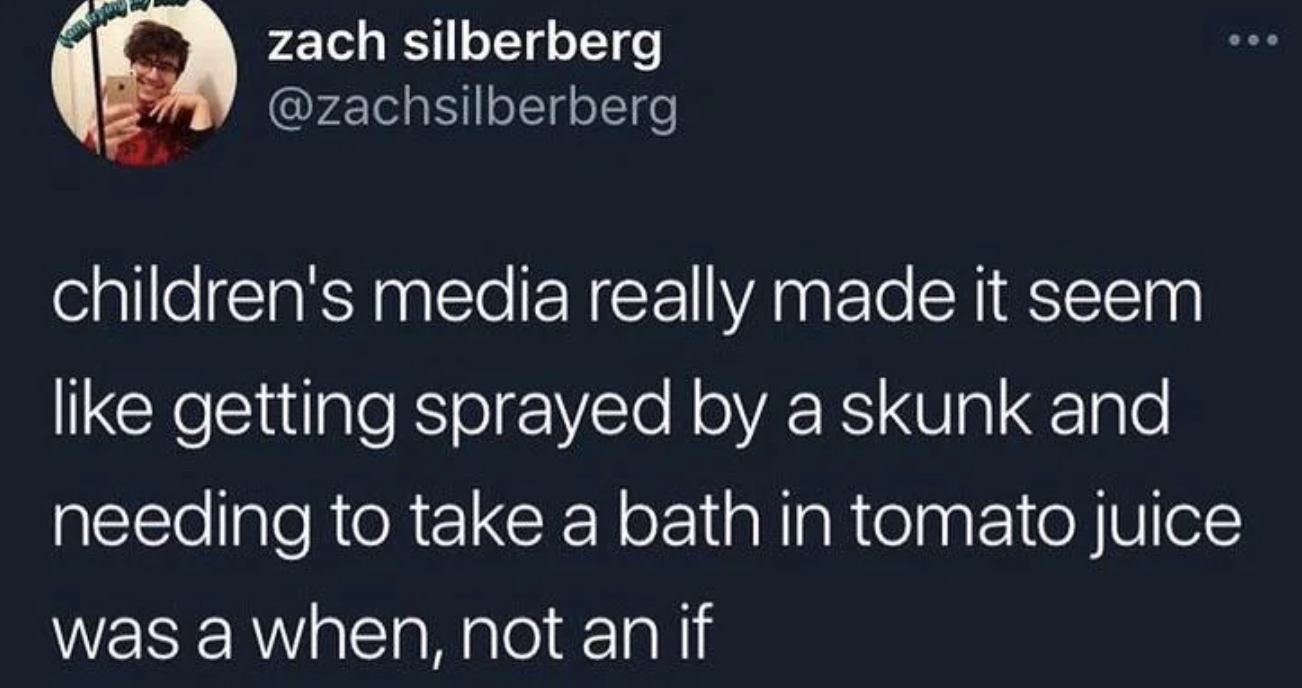 screenshot - zach silberberg children's media really made it seem getting sprayed by a skunk and needing to take a bath in tomato juice was a when, not an if