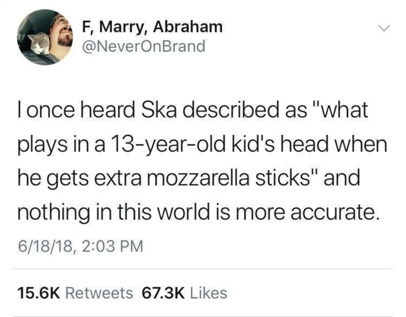 ska sounds like - F, Marry, Abraham I once heard Ska described as "what plays in a 13yearold kid's head when he gets extra mozzarella sticks" and nothing in this world is more accurate. 61818,
