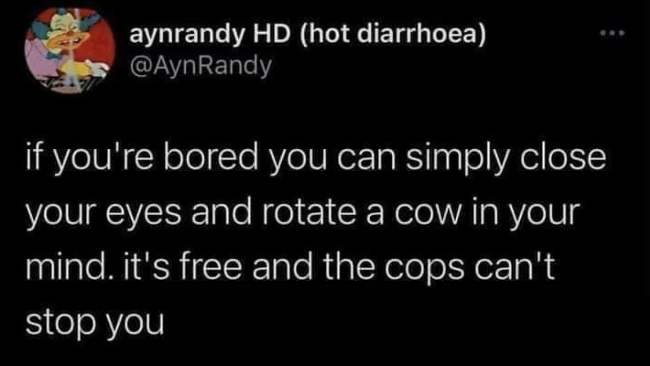 screenshot - aynrandy Hd hot diarrhoea Randy if you're bored you can simply close your eyes and rotate a cow in your mind. it's free and the cops can't stop you