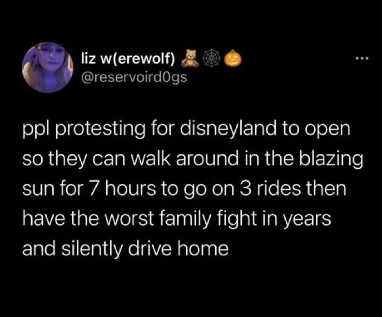 screenshot - liz werewolf ppl protesting for disneyland to open so they can walk around in the blazing sun for 7 hours to go on 3 rides then have the worst family fight in years and silently drive home