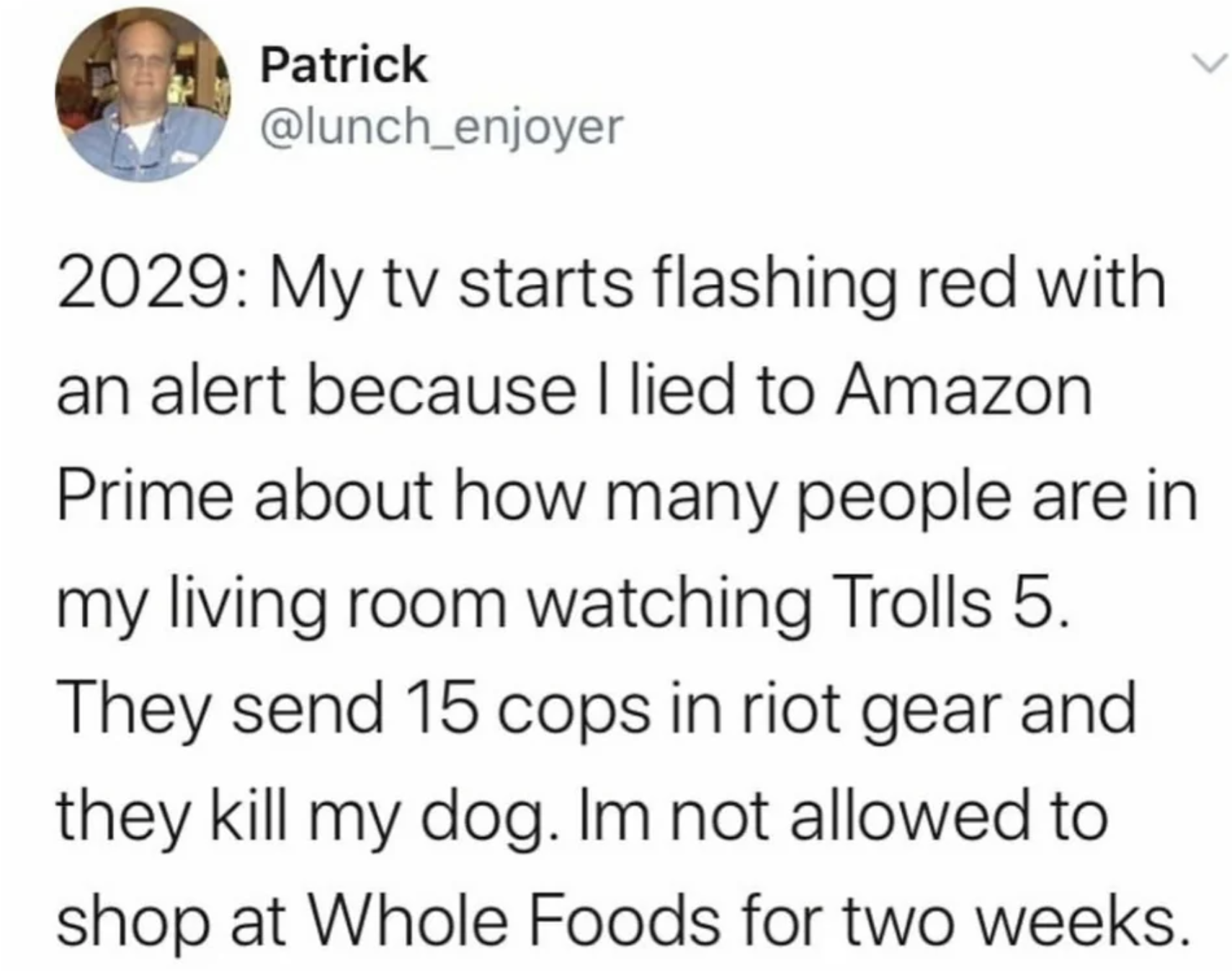 screenshot - Patrick 2029 My tv starts flashing red with an alert because I lied to Amazon Prime about how many people are in my living room watching Trolls 5. They send 15 cops in riot gear and they kill my dog. Im not allowed to shop at Whole Foods for 