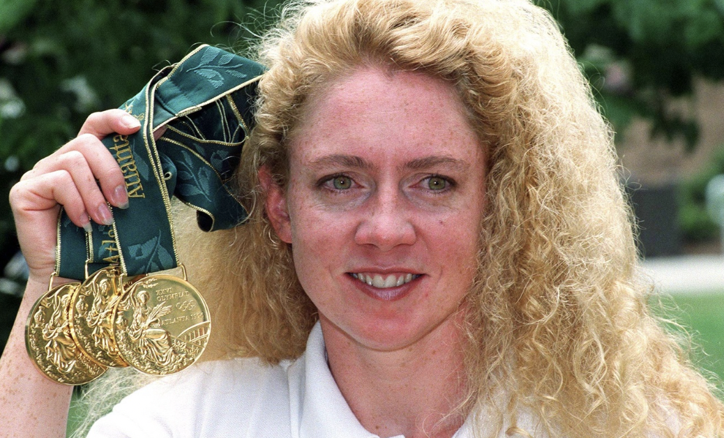 Michelle Smith at the Atlanta Olympics in 1996. She came from nowhere to win three golds and a bronze for Ireland. She was later banned and stripped of her wins however, after it was concluded she had tampered with an anti-doping sample. 