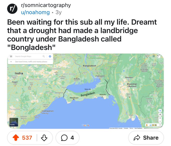 map - r rsomnicartography unoahomg 3y Been waiting for this sub all my life. Dreamt that a drought had made a landbridge country under Bangladesh called "Bongladesh" Harkhand India Telangana Visakhapatnam West Bengal Weedto Mand Bangladesh Mandalay Myanma