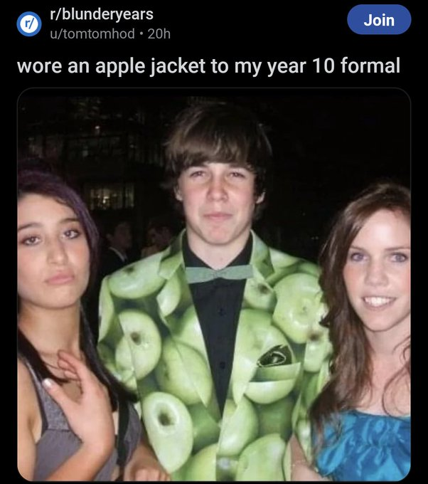 photo caption - rblunderyears utomtomhod 20h Join wore an apple jacket to my year 10 formal
