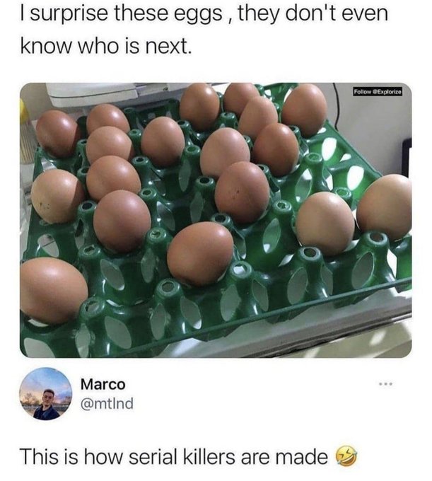 surprise these eggs they don t know - I surprise these eggs, they don't even know who is next. Marco This is how serial killers are made