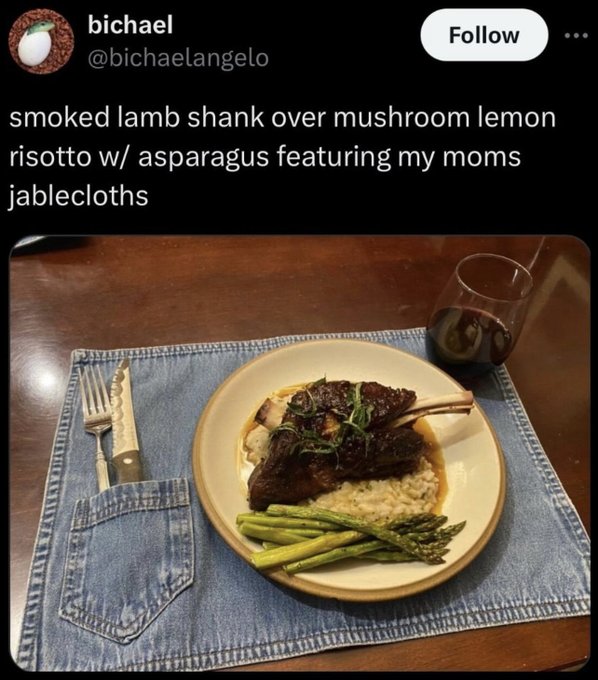 jablecloth - bichael smoked lamb shank over mushroom lemon risotto w asparagus featuring my moms jablecloths
