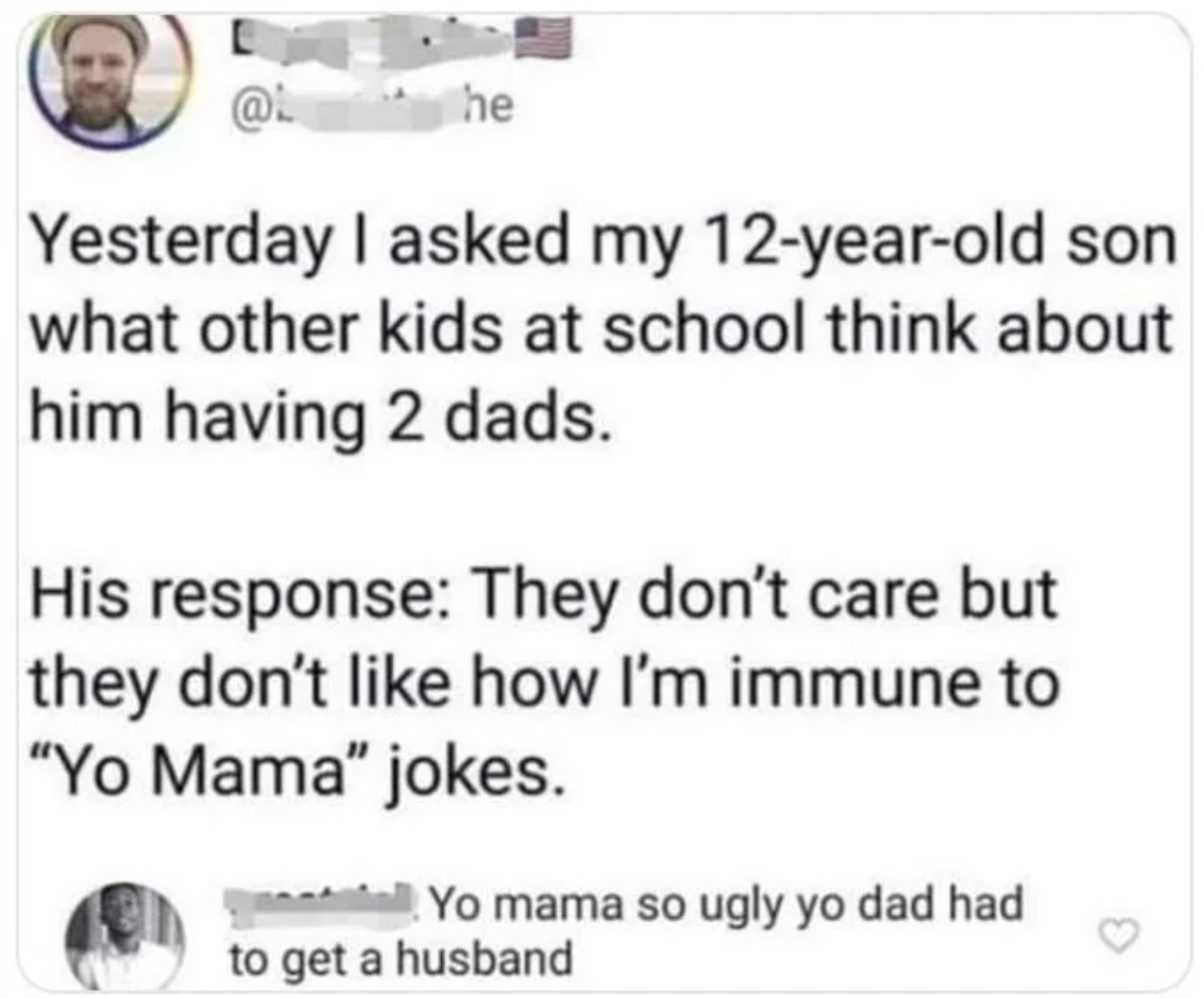 screenshot - he Yesterday I asked my 12yearold son what other kids at school think about him having 2 dads. His response They don't care but they don't how I'm immune to "Yo Mama" jokes. Yo mama so ugly yo dad had to get a husband