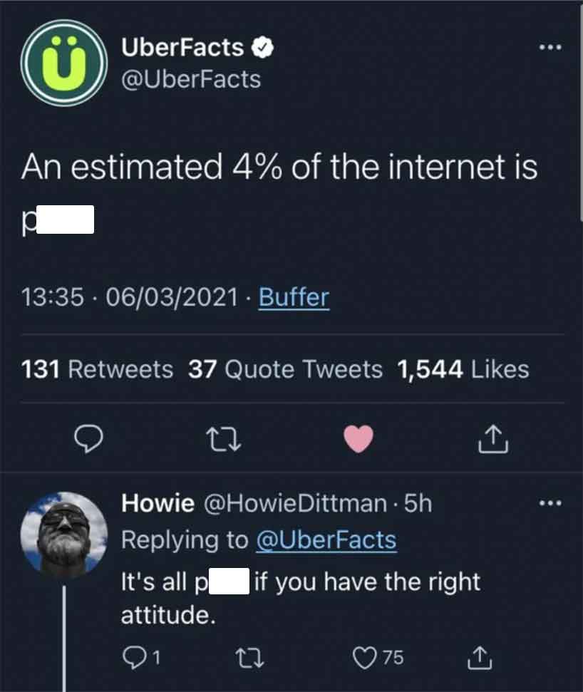 screenshot - UberFacts An estimated 4% of the internet is p 06032021 Buffer 131 37 Quote Tweets 1,544 Howie Dittman . 5h It's all p if you have the right attitude. 1 75