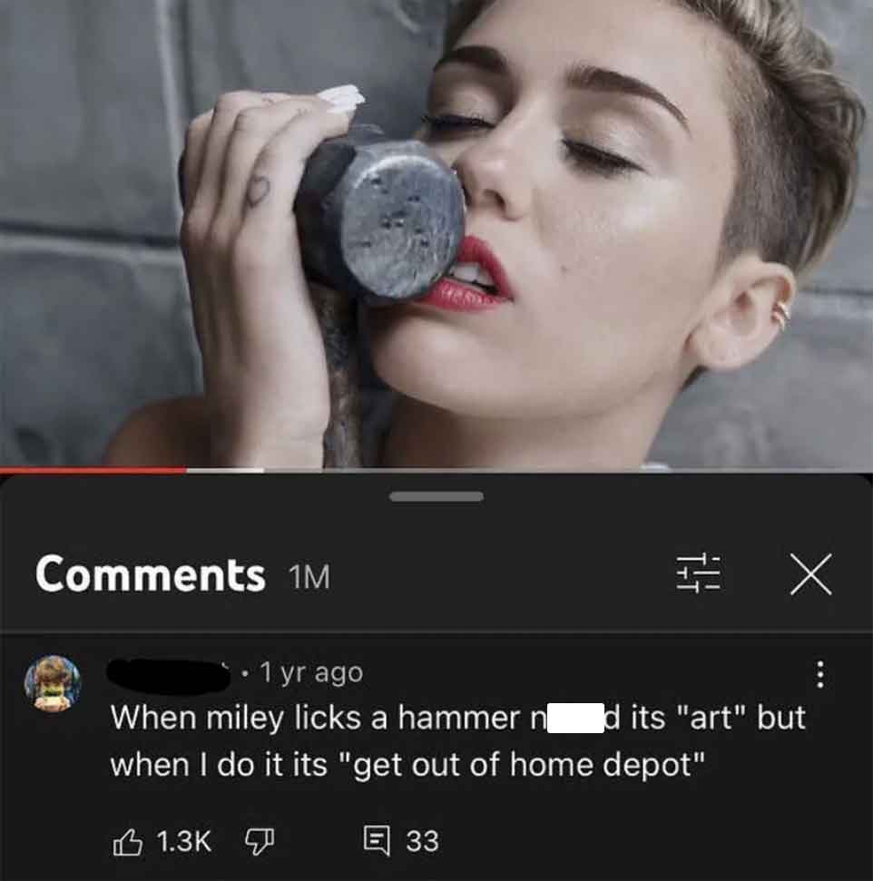 funniest comments on youtube videos - 1M 1 yr ago When miley licks a hammer n d its "art" but when I do it its "get out of home depot" 33