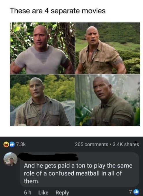 dwayne johnson 4 different movies - These are 4 separate movies 205 And he gets paid a ton to play the same role of a confused meatball in all of them. 6h 7