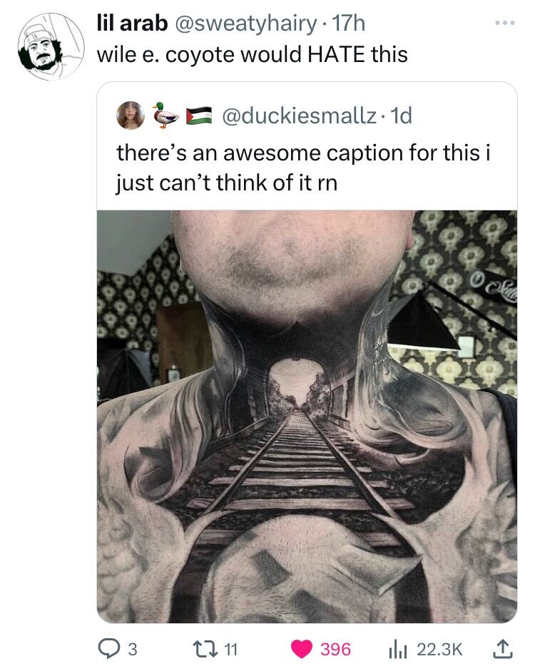 train track neck tattoo - lil arab 17h wile e. coyote would Hate this . 1d there's an awesome caption for this i just can't think of it rn 3 27 11 396 lil