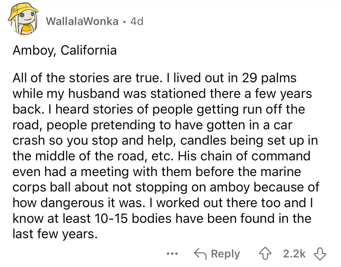 screenshot - WallalaWonka 4d Amboy, California . All of the stories are true. I lived out in 29 palms while my husband was stationed there a few years back. I heard stories of people getting run off the road, people pretending to have gotten in a car cras