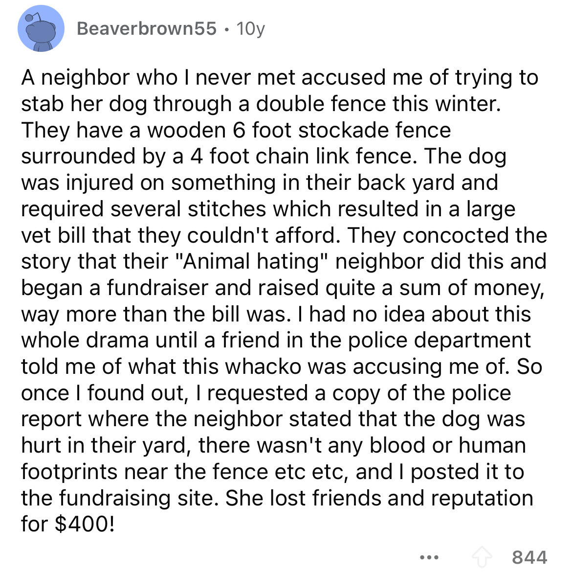 document - Beaverbrown55 10y A neighbor who I never met accused me of trying to stab her dog through a double fence this winter. They have a wooden 6 foot stockade fence surrounded by a 4 foot chain link fence. The dog was injured on something in their ba