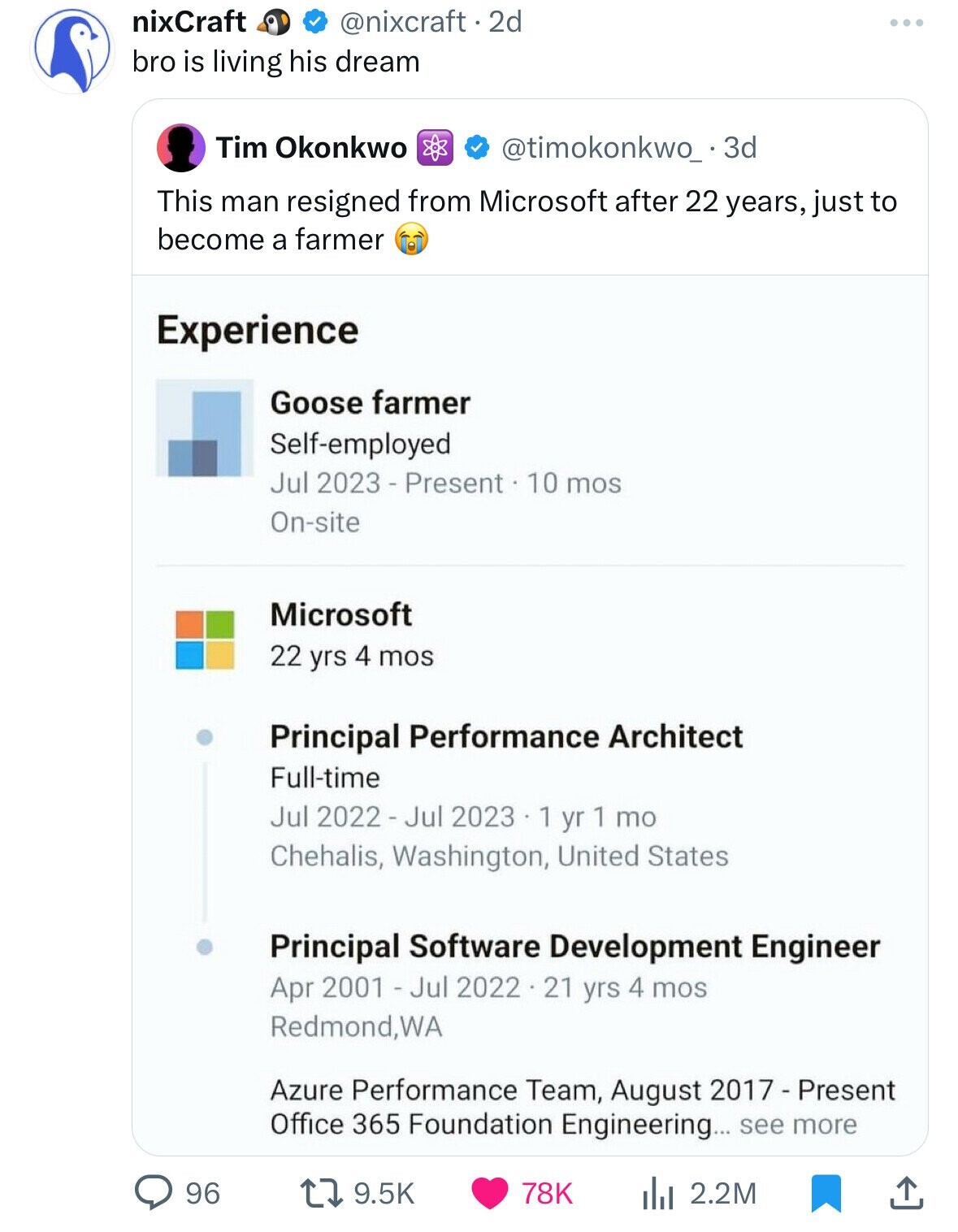 screenshot - nixCraft 2d . bro is living his dream Tim Okonkwo & 3d This man resigned from Microsoft after 22 years, just to become a farmer Experience Goose farmer Selfemployed Present 10 mos Onsite Microsoft 22 yrs 4 mos Principal Performance Architect 