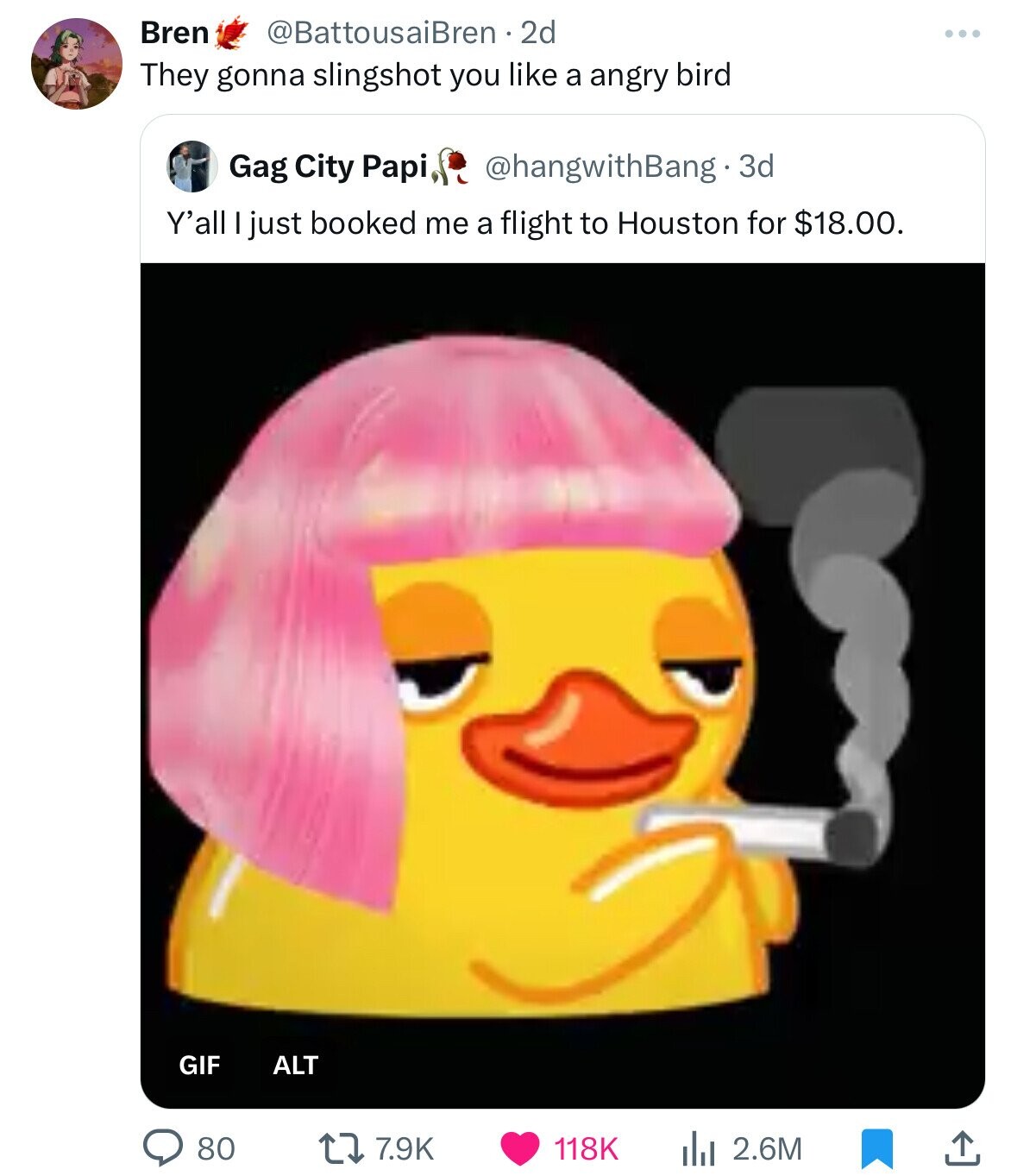 classic duck smoking gif - Bren 2d They gonna slingshot you a angry bird Gag City Papi, 3d Y'all I just booked me a flight to Houston for $18.00. Gif Alt 80 Ilil 2.6M