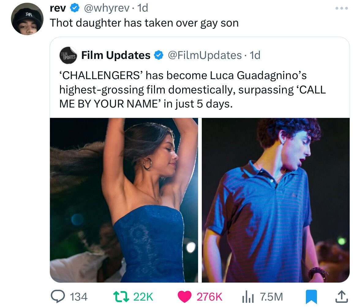 screenshot - rev . 1d Thot daughter has taken over gay son Updates Film Updates . 1d 'Challengers' has become Luca Guadagnino's highestgrossing film domestically, surpassing 'Call Me By Your Name' in just 5 days. ili 7.5M