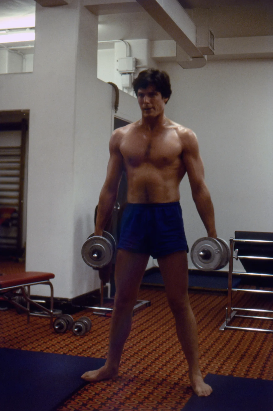 Christopher Reeves working out and putting on muscle to play Superman, 1977.