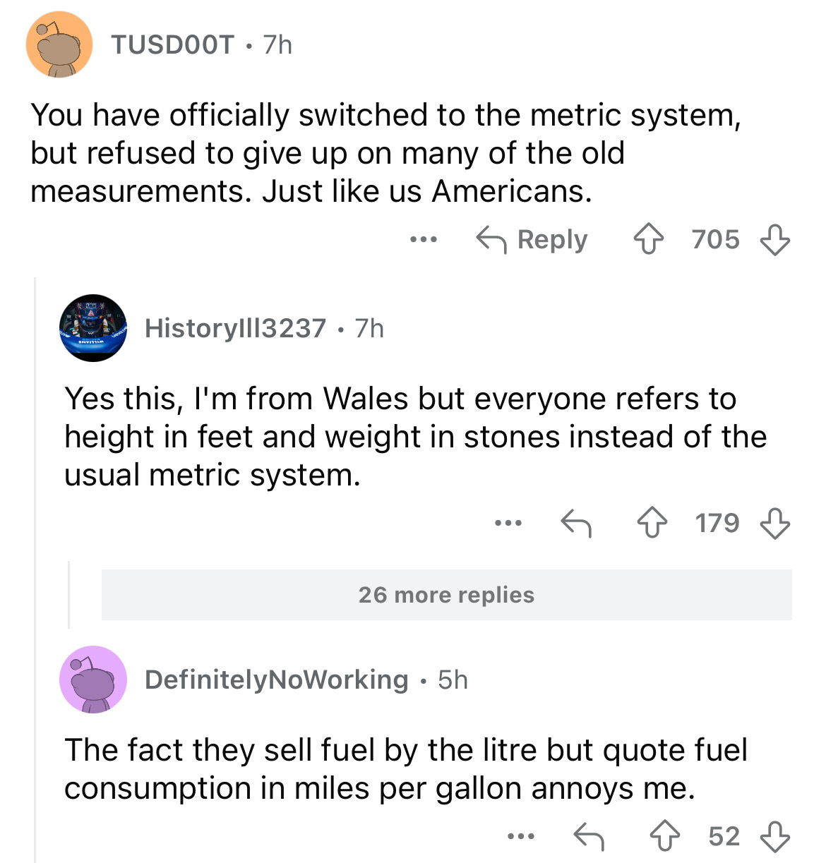screenshot - Tusdoot 7h You have officially switched to the metric system, but refused to give up on many of the old measurements. Just us Americans. ... 705 History|||3237 .7h Yes this, I'm from Wales but everyone refers to height in feet and weight in s