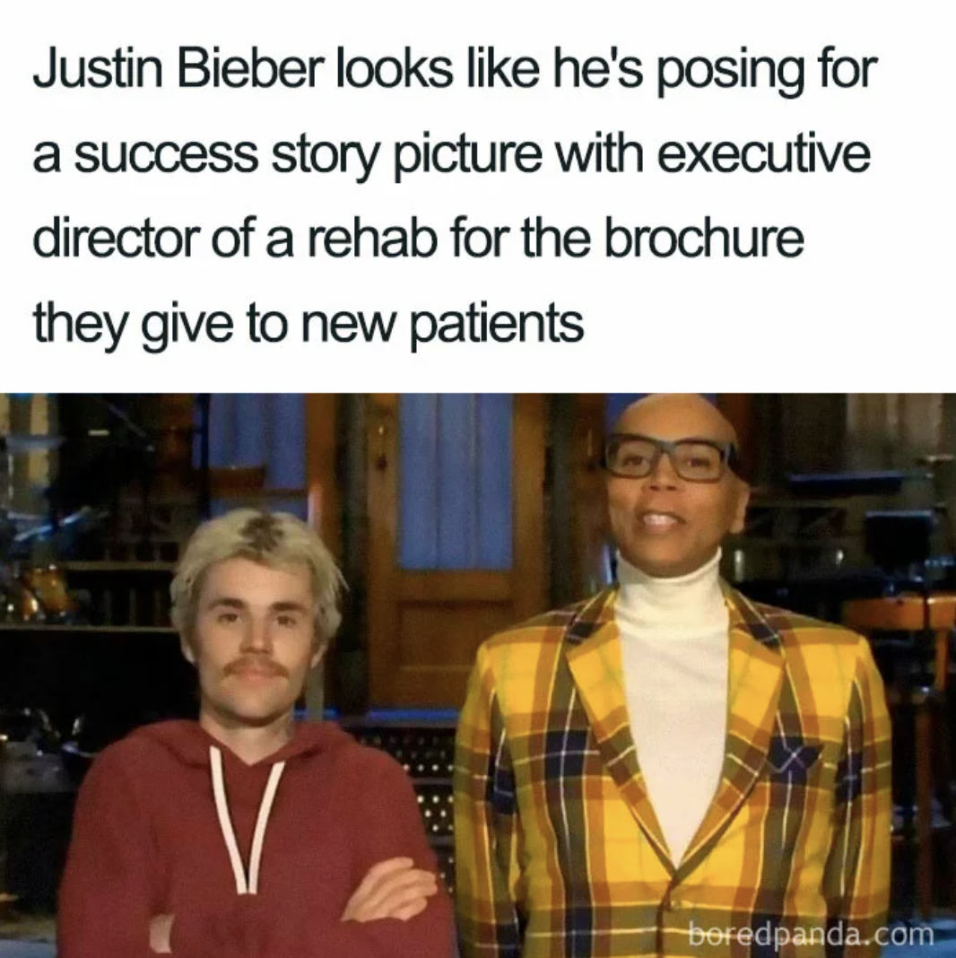 photo caption - Justin Bieber looks he's posing for a success story picture with executive director of a rehab for the brochure they give to new patients V boredpanda.com