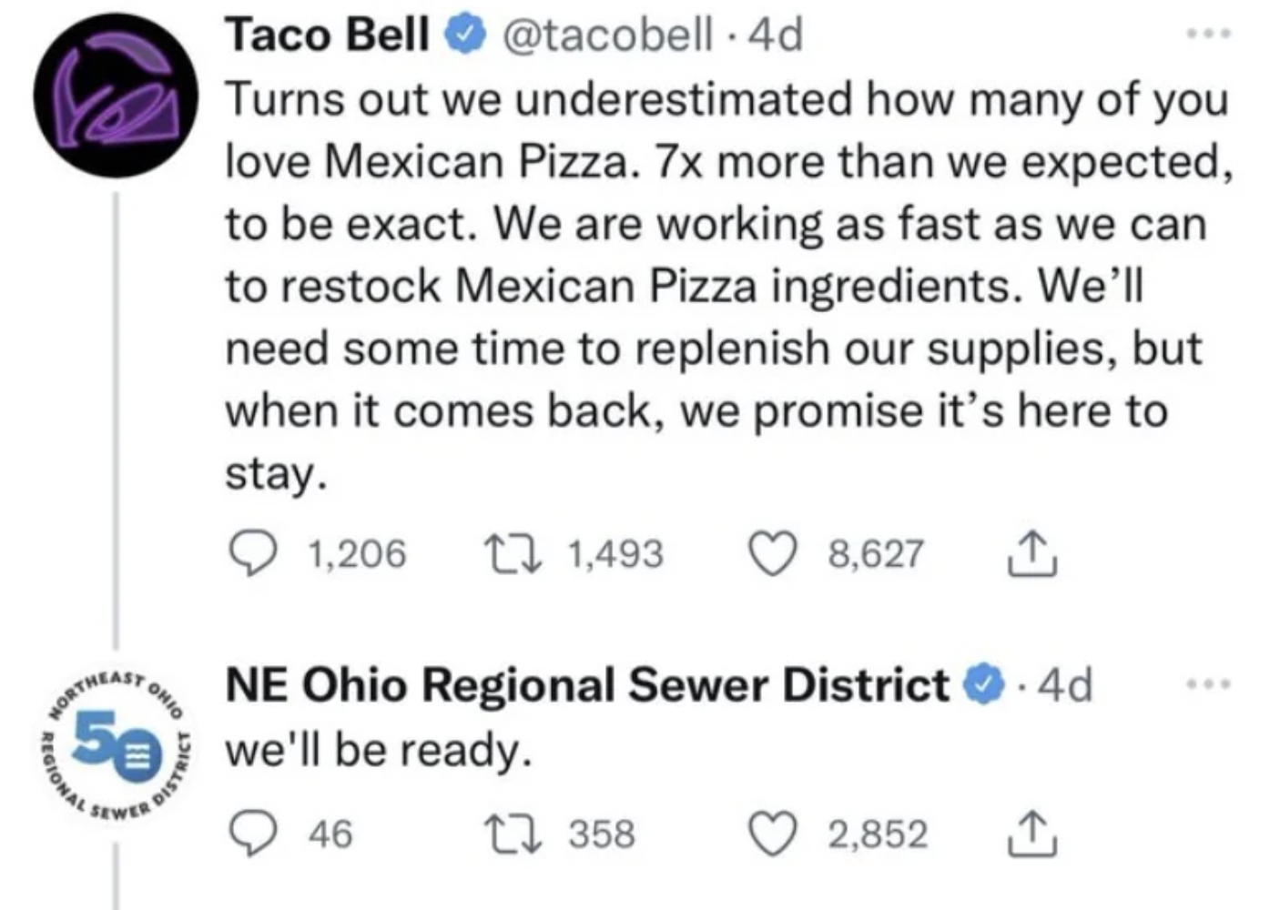 ohio sewer district taco bell - Taco Bell 4d . Turns out we underestimated how many of you love Mexican Pizza. 7x more than we expected, to be exact. We are working as fast as we can to restock Mexican Pizza ingredients. We'll need some time to replenish 