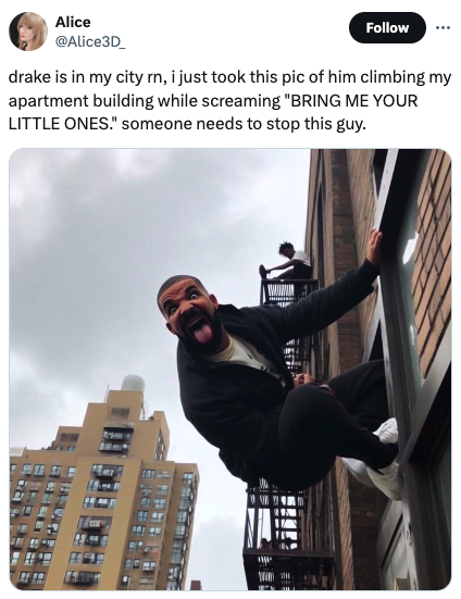 extreme sport - Alice drake is in my city rn, i just took this pic of him climbing my apartment building while screaming "Bring Me Your Little Ones." someone needs to stop this guy.