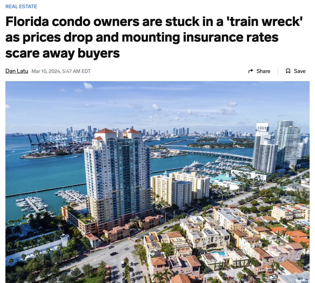 urban area - Real Estate Florida condo owners are stuck in a 'train wreck' as prices drop and mounting insurance rates scare away buyers Dan Latu , Edt Save