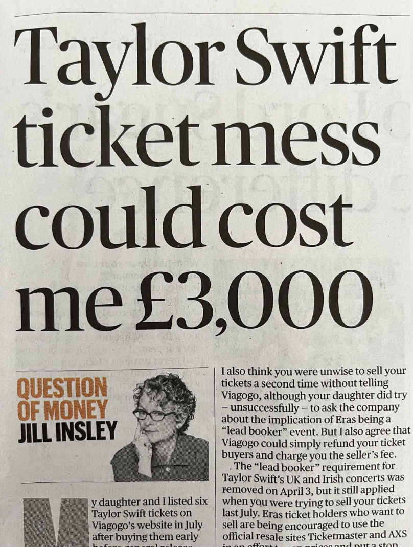 Ticket scalper complains that Taylor Swift tickets are too expensive. 