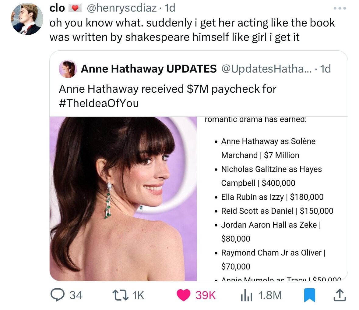 girl - clo . 1d oh you know what. suddenly i get her acting the book was written by shakespeare himself girl i get it Anne Hathaway Updates Hatha.... 1d Anne Hathaway received $7M paycheck for romantic drama has earned . Anne Hathaway as Solne Marchand |