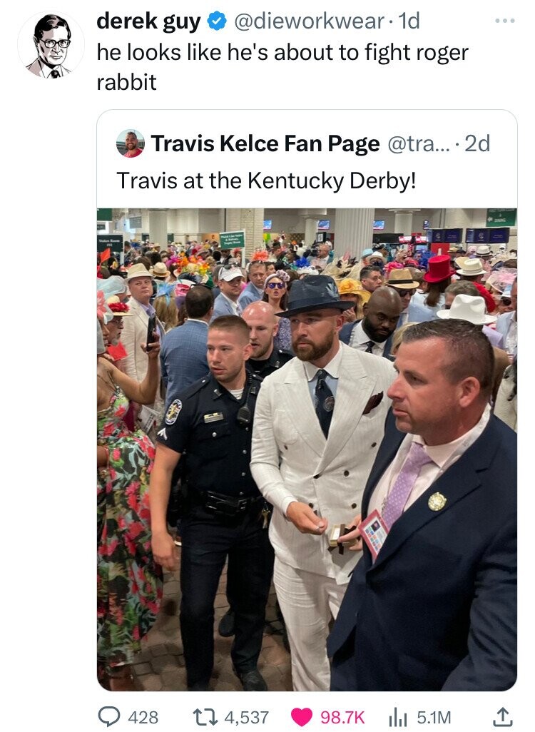 Travis Kelce - ... derek guy . 1d he looks he's about to fight roger rabbit O Travis Kelce Fan Page .... 2d Travis at the Kentucky Derby! 428 14,537 5.1M