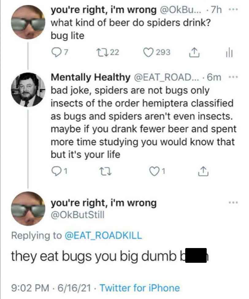 screenshot - you're right, i'm wrong ... .7h what kind of beer do spiders drink? bug lite 7 1722 293 Mentally Healthy .... 6m bad joke, spiders are not bugs only insects of the order hemiptera classified as bugs and spiders aren't even insects. maybe if y