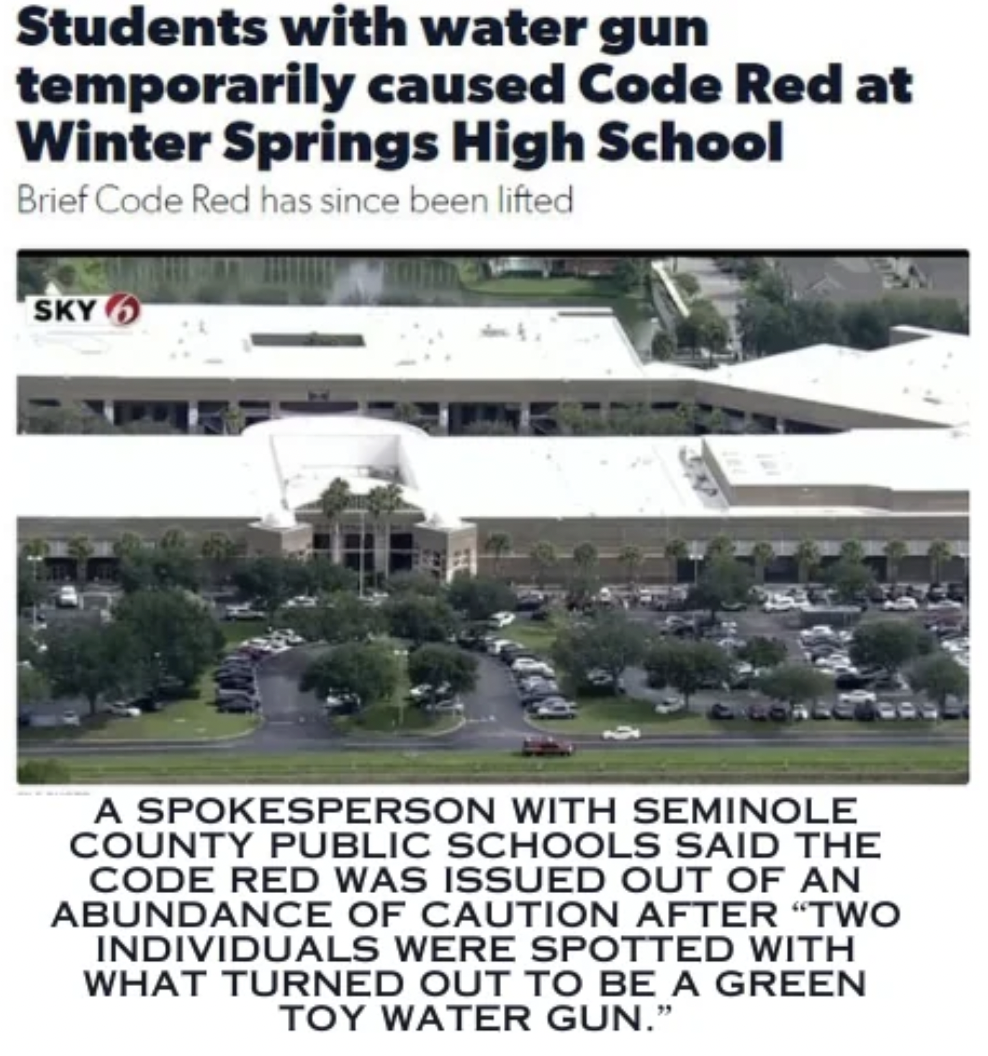 boeing 727 - Students with water gun temporarily caused Code Red at Winter Springs High School Brief Code Red has since been lifted Sky A Spokesperson With Seminole County Public Schools Said The Code Red Was Issued Out Of An Abundance Of Caution After "T
