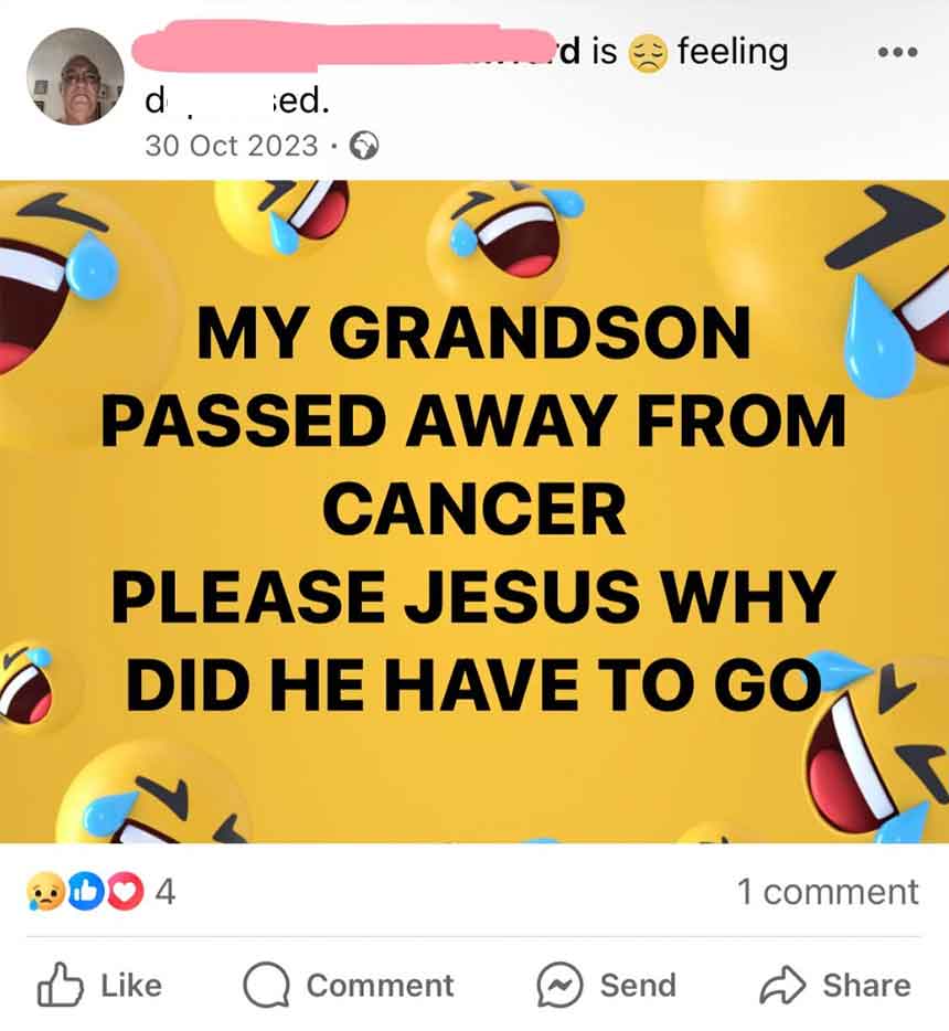 parents dont know how to use emojis - d d. ed. . d is feeling My Grandson Passed Away From Cancer Please Jesus Why Did He Have To Go 7L Do 4 Q Comment Send 1 comment