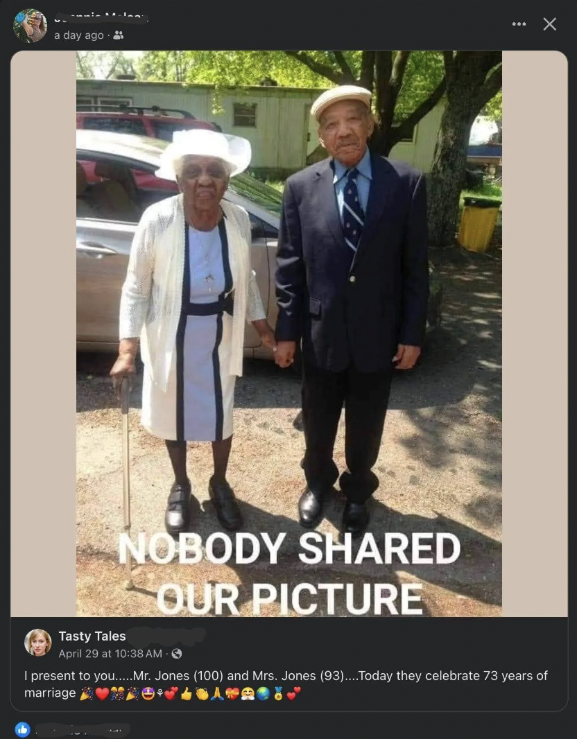 mr jones and ms jones - a day ago Tasty Tales Nobody d Our Picture April 29 at 3 I present to you.... Mr. Jones 100 and Mrs. Jones 93...Today they celebrate 73 years of marriage