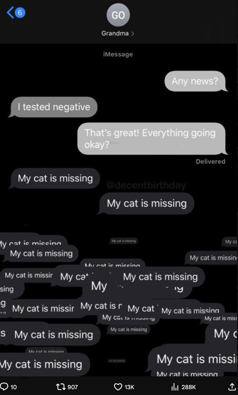 grandma text - Go Grandma > iMessage Any news? I tested negative That's great! Everything going okay? My cat is missing Delivered My cat is missing My rat le miccinn My cat is missing My cat is missir My ca sing My My cat is missin My cat is missing g My