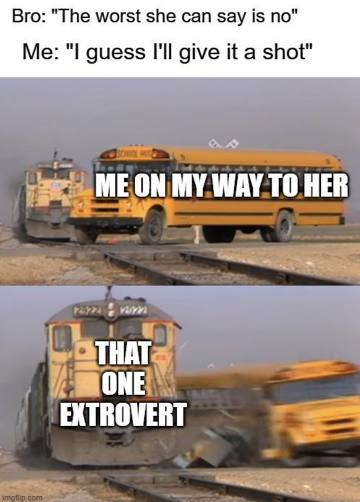 school bus - Bro "The worst she can say is no" Me "I guess I'll give it a shot" Me On My Way To Her That One Extrovert