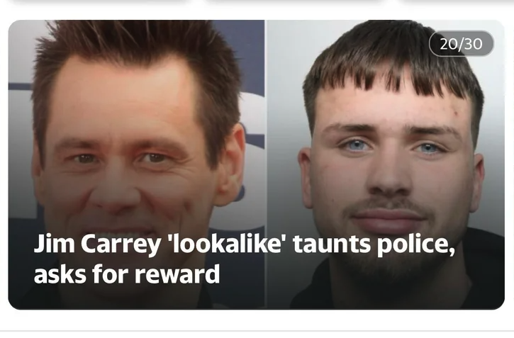 photo caption - 2030 Jim Carrey 'looka' taunts police, asks for reward
