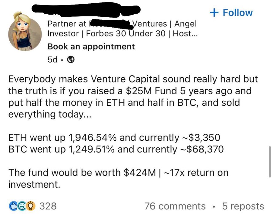screenshot - Partner at Ventures | Angel Investor | Forbes 30 Under 30 | Host... Book an appointment 5d. Everybody makes Venture Capital sound really hard but the truth is if you raised a $25M Fund 5 years ago and put half the money in Eth and half in Btc