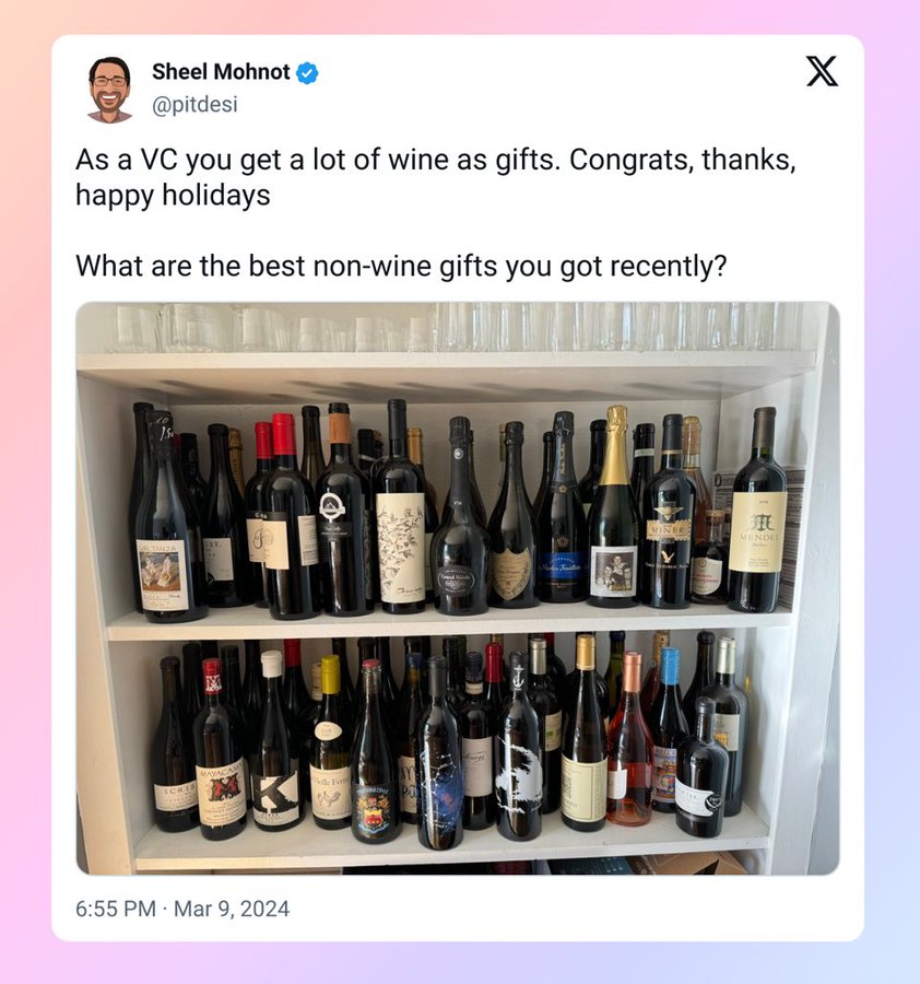 glass bottle - Sheel Mohnot As a Vc you get a lot of wine as gifts. Congrats, thanks, happy holidays What are the best nonwine gifts you got recently? Scri Mayacam We Fe Po Miner Te Mendel X