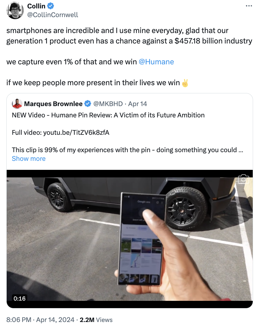 screenshot - Collin smartphones are incredible and I use mine everyday, glad that our generation 1 product even has a chance against a $457.18 billion industry we capture even 1% of that and we win if we keep people more present in their lives we win Marq