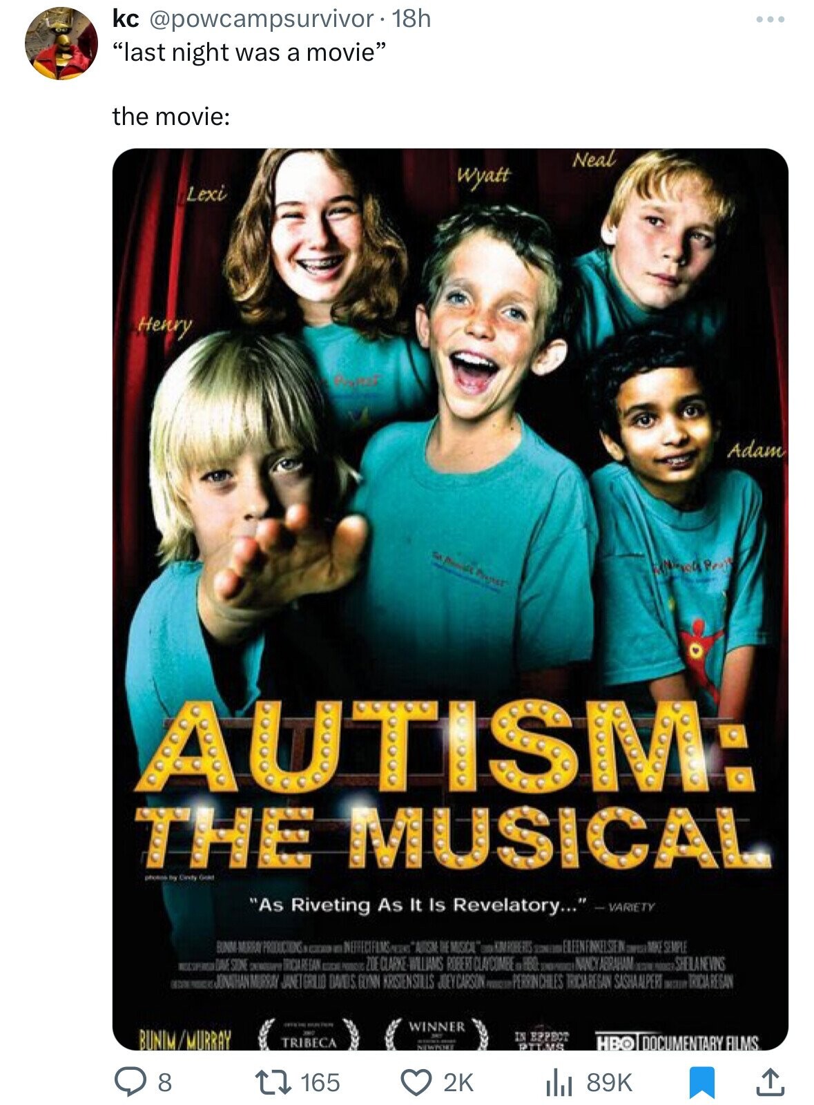 autism musical - kc . 18h "last night was a movie" the movie Lexi Henry Neal Wyatt Pr Proj Adam Autism The Musical ph by City Go "As Riveting As It Is Revelatory..." Variety Bunm Murray Productions Nefectifims The Musical Same Stone Triciare Ganze Clarke 