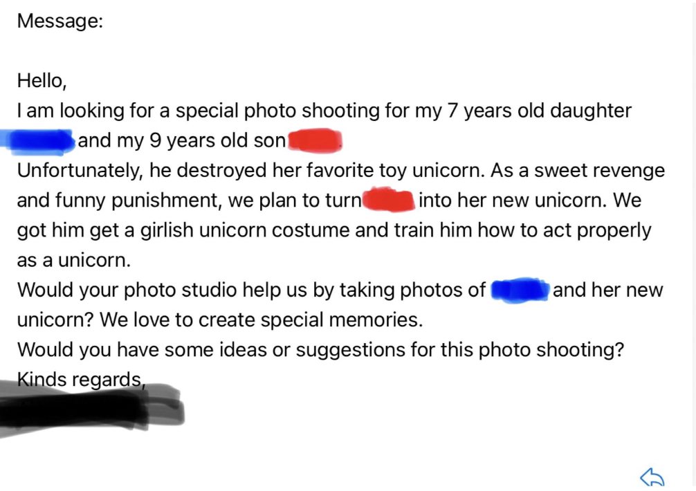 screenshot - Message Hello, I am looking for a special photo shooting for my 7 years old daughter and my 9 years old son Unfortunately, he destroyed her favorite toy unicorn. As a sweet revenge and funny punishment, we plan to turn into her new unicorn. W