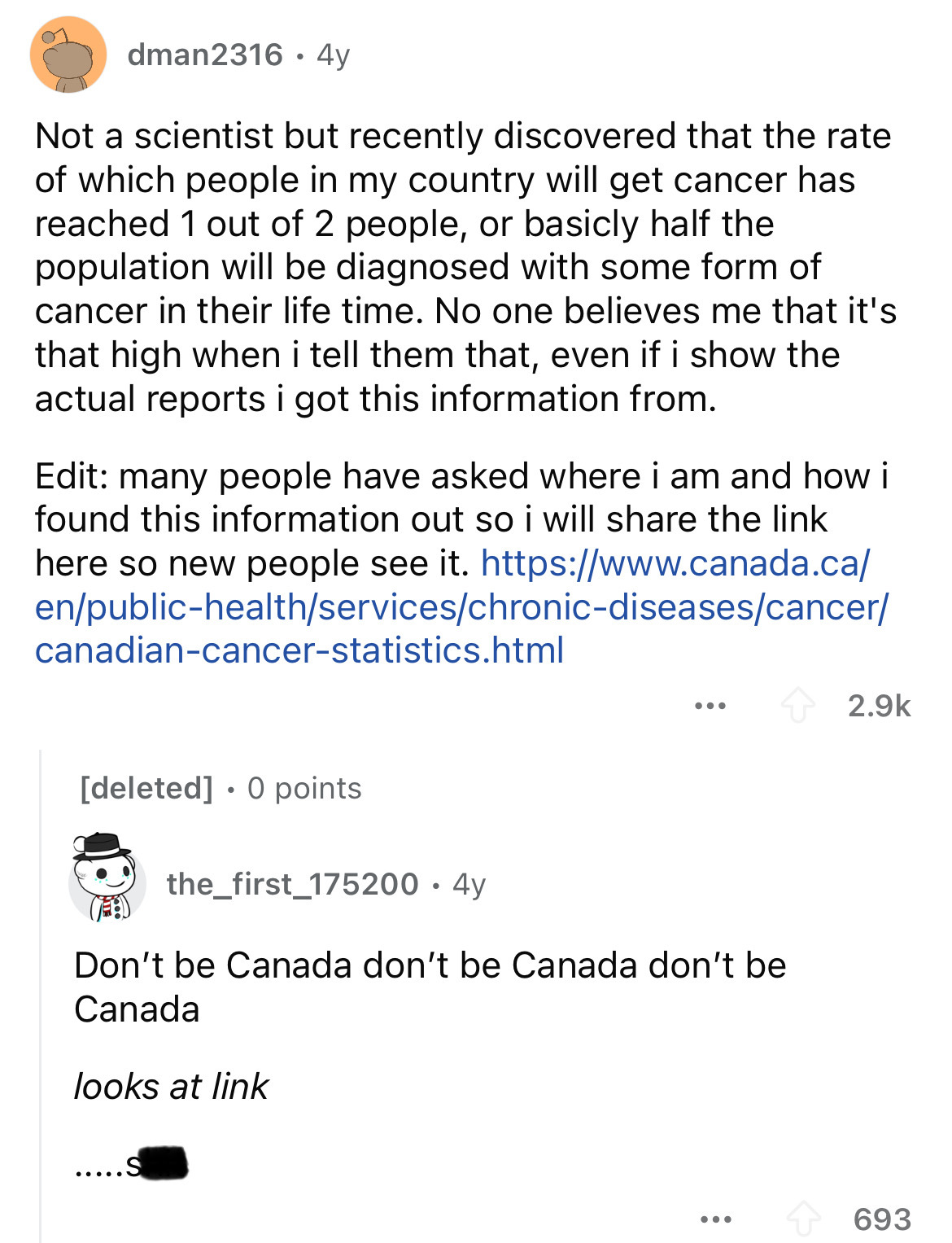 document - dman2316 4y Not a scientist but recently discovered that the rate of which people in my country will get cancer has reached 1 out of 2 people, or basicly half the population will be diagnosed with some form of cancer in their life time. No one 