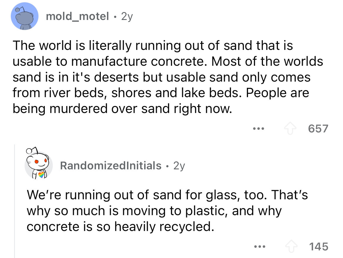 screenshot - mold_motel 2y The world is literally running out of sand that is usable to manufacture concrete. Most of the worlds sand is in it's deserts but usable sand only comes from river beds, shores and lake beds. People are being murdered over sand 