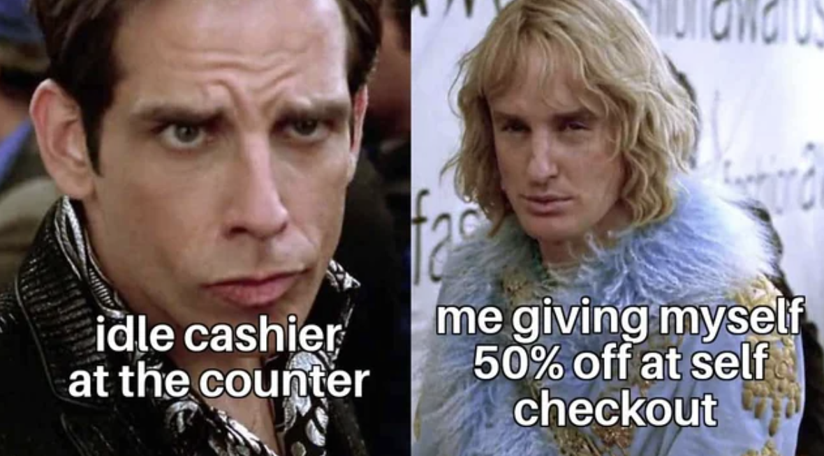 zoolander stare meme template - idle cashier at the counter fa me giving myself 50% off at self checkout