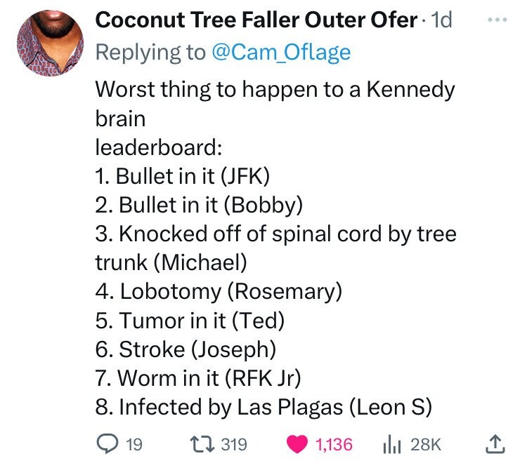 screenshot - Coconut Tree Faller Outer Ofer. 1d Worst thing to happen to a Kennedy brain leaderboard 1. Bullet in it Jfk 2. Bullet in it Bobby 3. Knocked off of spinal cord by tree trunk Michael 4. Lobotomy Rosemary 5. Tumor in it Ted 6. Stroke Joseph 7. 