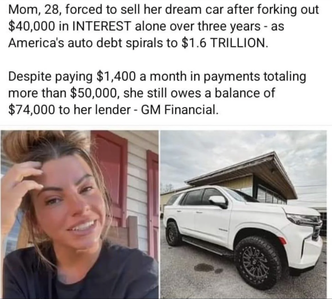 Car - Mom, 28, forced to sell her dream car after forking out $40,000 in Interest alone over three years as America's auto debt spirals to $1.6 Trillion. Despite paying $1,400 a month in payments totaling more than $50,000, she still owes a balance of $74