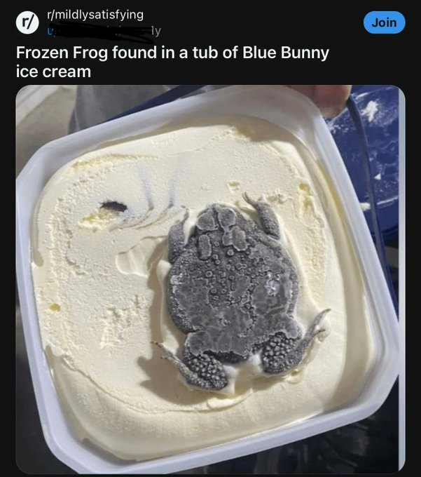 frog in ice cream - r rmildlysatisfying ly Frozen Frog found in a tub of Blue Bunny ice cream Join